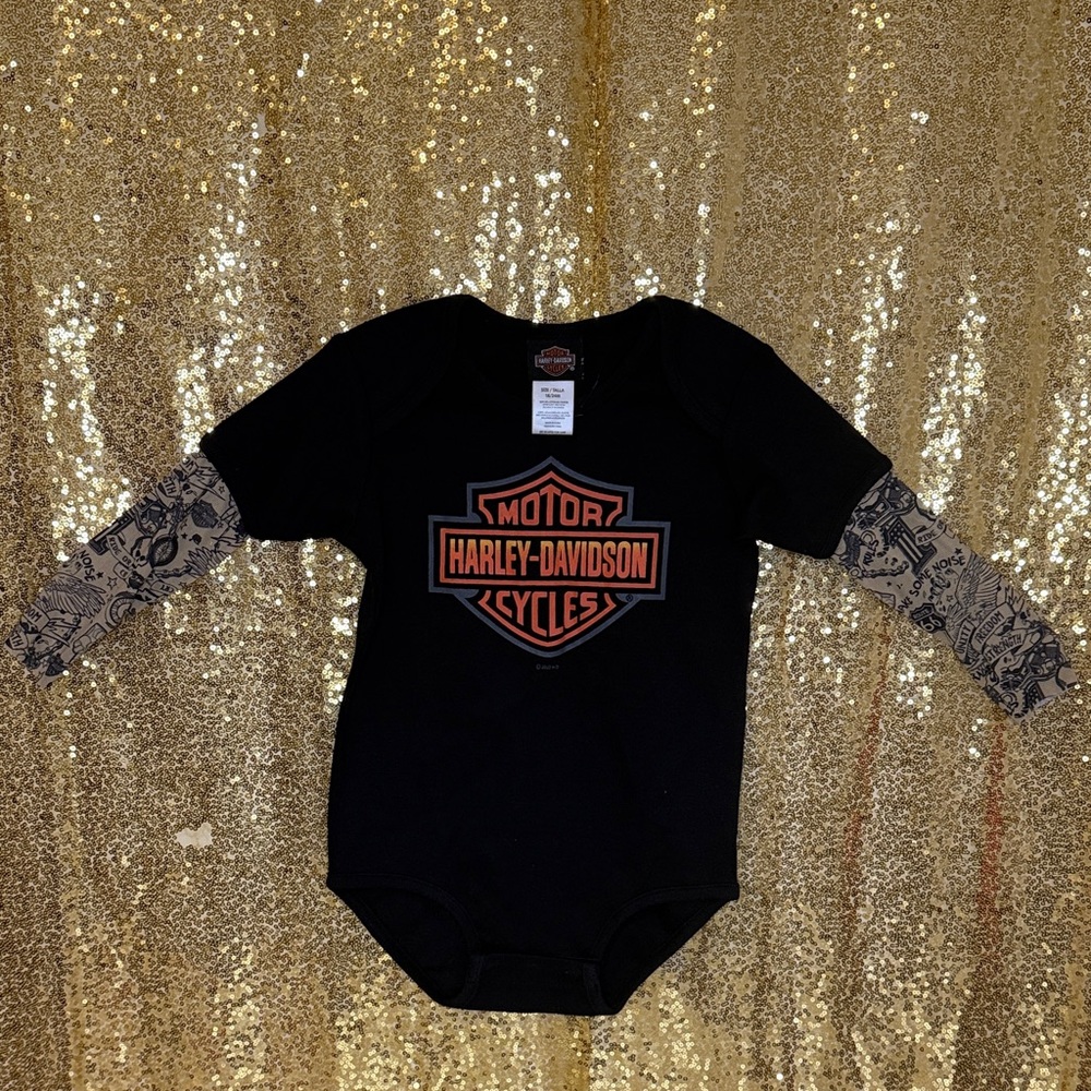 Harley-Davidson Black Bodysuit with Orange Logo and Patterned Sleeves NWOT!!